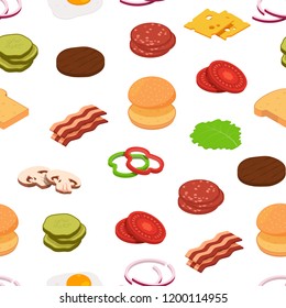 Vector isometric burger ingredients background with place for text illustration. Colored pattern food