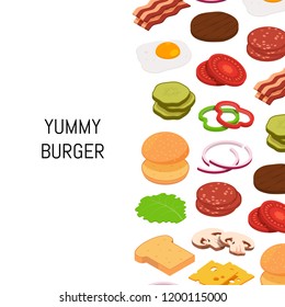 Vector isometric burger ingredients background with place for text illustration