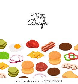 Vector isometric burger ingredients background with place for text illustration. Colored banner and poster