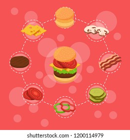 Vector isometric burger ingredients infographic concept illustration. Chart instruction colored