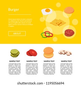 Vector isometric burger ingredients landing page template illustration for web site