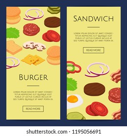 Vector isometric burger ingredients web banner templates illustration. Web poster with food