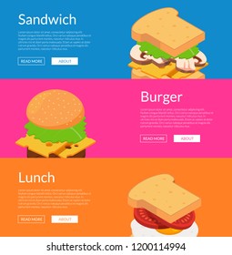 Vector isometric burger ingredients web banner templates illustration. Set of colored poster