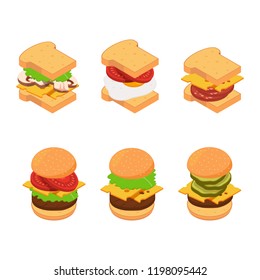 Vector isometric burger and sandwich types set illustration. Hamburger delicious with cucumber and ingredients