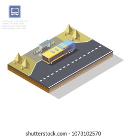 vector isometric bus stop, illustration of transport, road sign icon, yellow 3d bus near bus stop