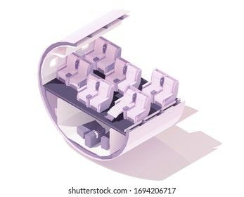 Vector Isometric Business Class Airplane Seats. Passenger Airplane Cabin Or Salon Cross Section. Business Class Airline Seats And Cargo Hold With Baggage