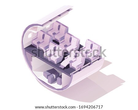 Vector isometric business class airplane seats. Passenger airplane cabin or salon cross section. Business class airline seats and cargo hold with baggage