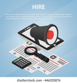 Vector isometric business concept of hire announcement, interview, employment, job offer and recruiting by resume. Illustration of marketing, search of candidates and CV objects, megaphone and laptop.