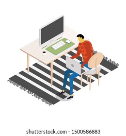 Vector isometric business man in casual clothes works on laptop on this legs, computer with mouse, keyboard, coffee cup on white and light brown wooden desk, round wooden chair, stripy carpet