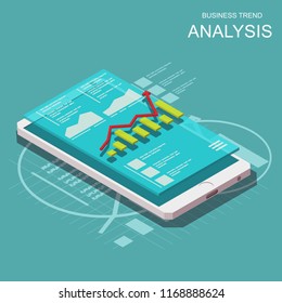 Vector isometric business trend analysis on smartphone. Icon on colored background.