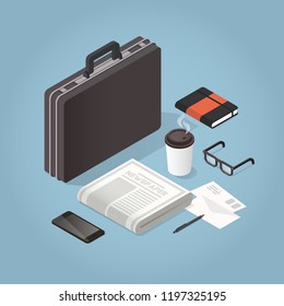 Vector isometric businessman hard case illustration. Case with morning newspaper, coffee, glasses, envelopes, phone and organiser. Business morning routine concept.