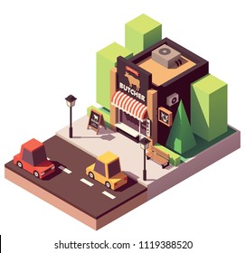 Vector isometric butcher shop or meat store with signboard and awning