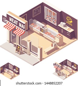 Vector Isometric Butcher Shop Or Meat Store Storefront And Interior Cross-section. Wooden Counter, Fridges With Meat, Beef Cuts Chart On The Wall, Meat Grinder And Butchers Knives