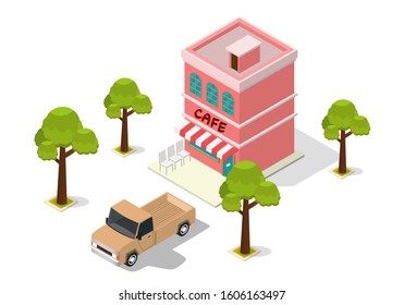 vector isometric cafe building with car and trees