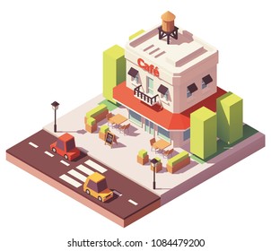 Vector isometric cafe building with red awnings and outdoor seats and tables