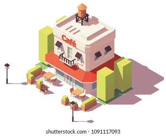 Vector isometric cafe building with red awnings and outdoor seats and tables