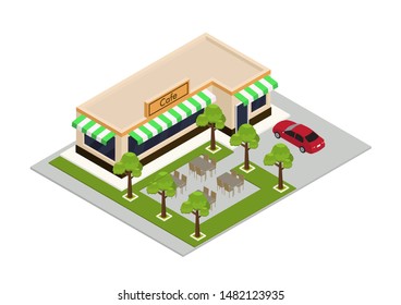 vector isometric cafe shop with car and road