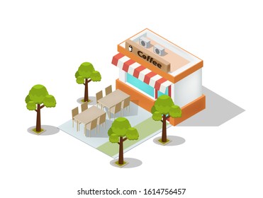 vector isometric cafe shop with trees