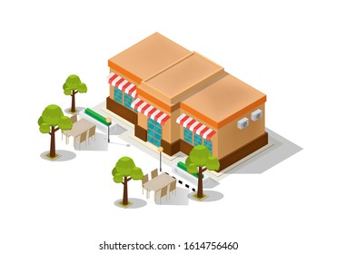 vector isometric cafe shop with trees