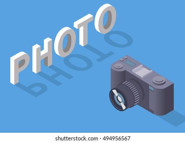 Vector the isometric camera with photos.Flat 3d isometric web vector infographic illustration.Design element for travel companies, leaflets,the websites.The objects are isolated
