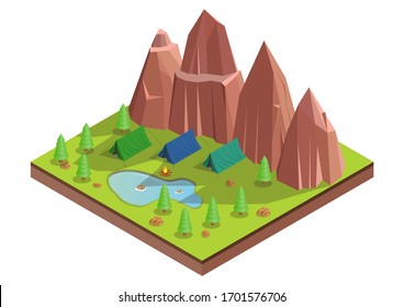 Vector isometric of camp in the forest. Outdoor recreation near the lake and mountain.