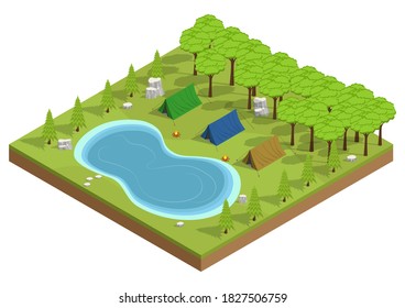 Vector Isometric Of Camp In The Park. Outdoor Recreation Near The Lake.