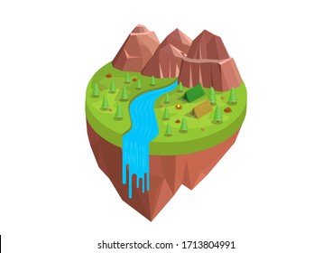 Vektorillustration Isometrisch zum Zelten um Berg und Fluss