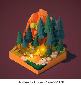 Vector isometric camping in the forest. Campsite near the river or lake, pine trees and mountain. Campfire, tent, backpack and tourist equipment. Tourist cooking food on fire. Camping adventures