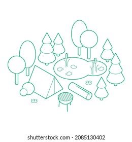 Acampada isométrica vectorial en ilustración forestal. Tienda de campaña, parrilla, árboles, estanque y arbustos. El concepto de ocio al aire libre. Diseño de contorno minimalista con relleno blanco opcional. Todos los objetos están separados