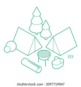 Vector isometric camping in forest illustration. Camping tent, grill, log, trees and bushes. Outdoor leisure concept. Minimalistic outline design with optional white fill. All objects are separate