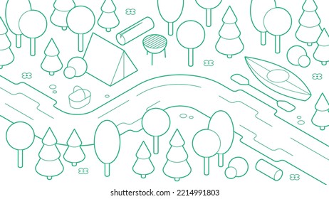 Vector isometric camping in forest illustration. Camping tent, grill, log, trees and kayak. Outdoor leisure concept. Minimalistic outline design with optional white fill. All objects are separate.
