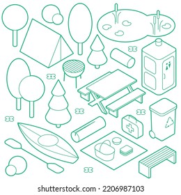 Vector isometric camping in forest objects illustration. Tent, grill, trees, kayak and pond. Outdoor leisure concept. Minimalistic outline design with optional white fill. All objects are separate.