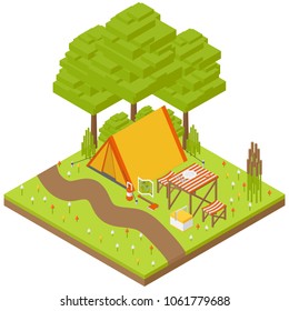 Vector isometric camping landscape. Campsite place in the wood with tourist tent, campfire and other elements of picnic made in low poly style