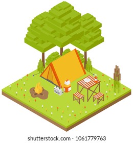 Vector isometric camping landscape. Campsite place in the wood with tourist tent, campfire and other elements of picnic made in low poly style
