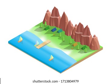 Vector isometric of camping on the beach with ships and mountain