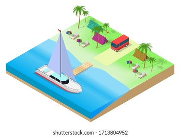 Vektorillustration isometrisch des Campings am tropischen Strand mit Schiffen und Palmen