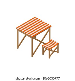 Vector isometric camping table and chair icon. Rest area illustration with picnic table and chair made in low poly style on white background