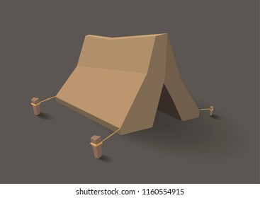 Vector isometric camping tent icon. Triangle orange tourist tent made in low poly style