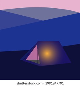 Vector isometric camping tent icon. Triangular blue tent with scenic background