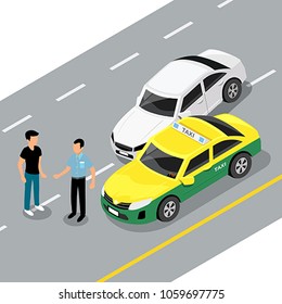 Vector isometric car accident on road guys are standing talking. illustration