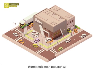 Vector isometric car dealership showroom and service station. New cars on the display and test drive automobiles. Customers watching at exhibition. Automobile repair and service area with workers
