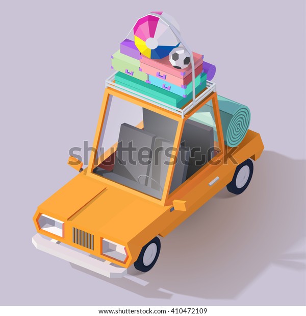 Vector isometric car illustration . Low poly\
style 3d family vacation icon. Funny vintage automobile ready for\
the journey.