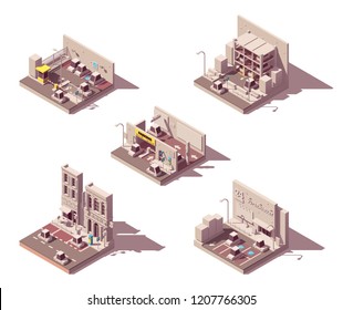 Vector isometric car parking icon set. Includes street parking, manned and guarded parking, underground car lot, supermarket car park and multistorey parking system