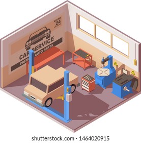 Vector isometric car service center icon. Illustration includes car on lift and automobile service equipment