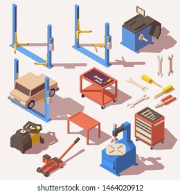 Vector isometric car service equipment and tools icons set