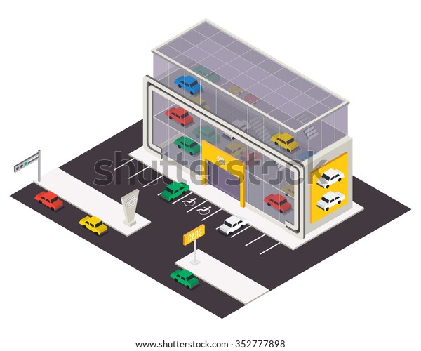 Vector isometric car store building.  3d city\
map elements