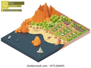 Vector isometric caravan or trailer park on the beach. Caravan camping resort. Seaside campground near mountains. Camping infrastructure, cottages, tents, trailers