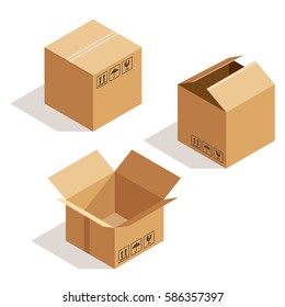 Vector isometric cardboard box.  Box icon, box isolated illustration