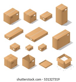 Vector isometric cardboard box set. Collection of isometric cardboard boxes of different types - open box, closed box, boxes with a postal filler.