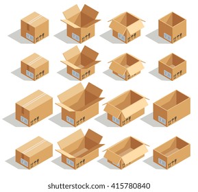 Vector Isometric Cardboard Boxes. Box Cardboard, Box Package, Box Packaging, Box Icon, Box Isolated Illustration